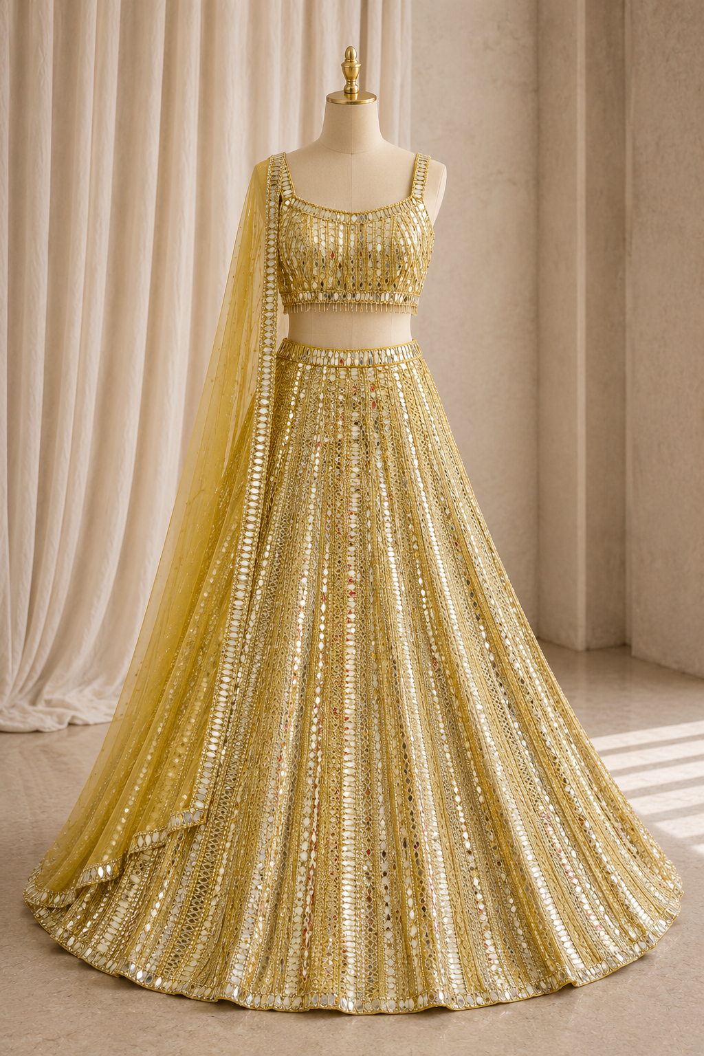 Royal Mirror Work and Soft Net Fabric Gold Color Lehenga Choli