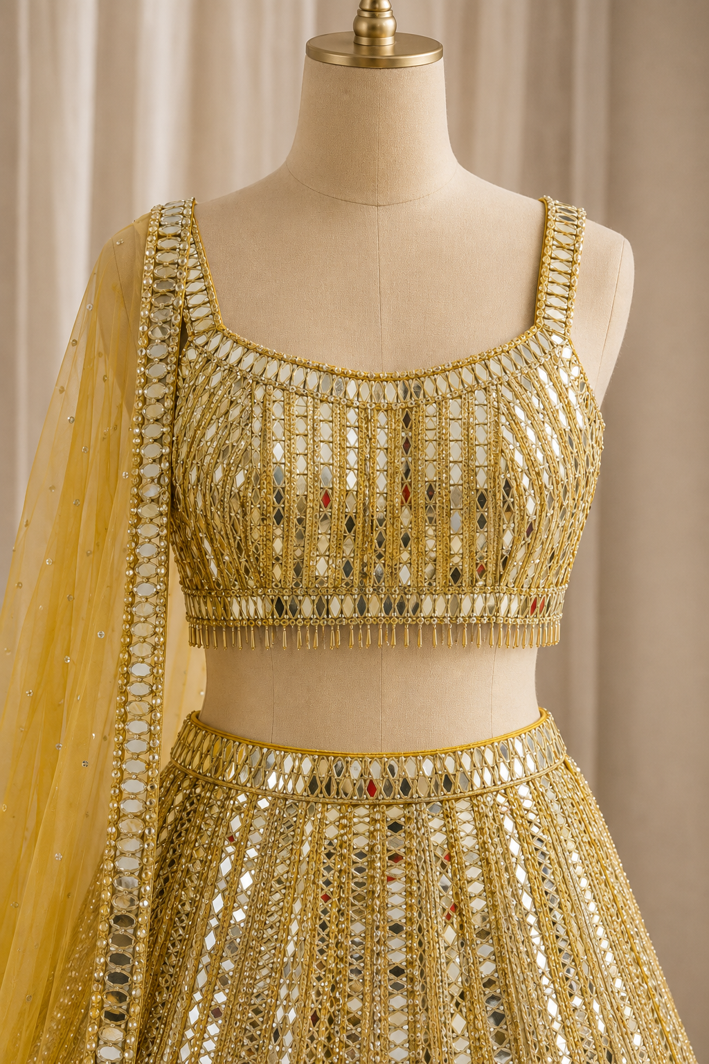 Royal Mirror Work and Soft Net Fabric Gold Color Lehenga Choli