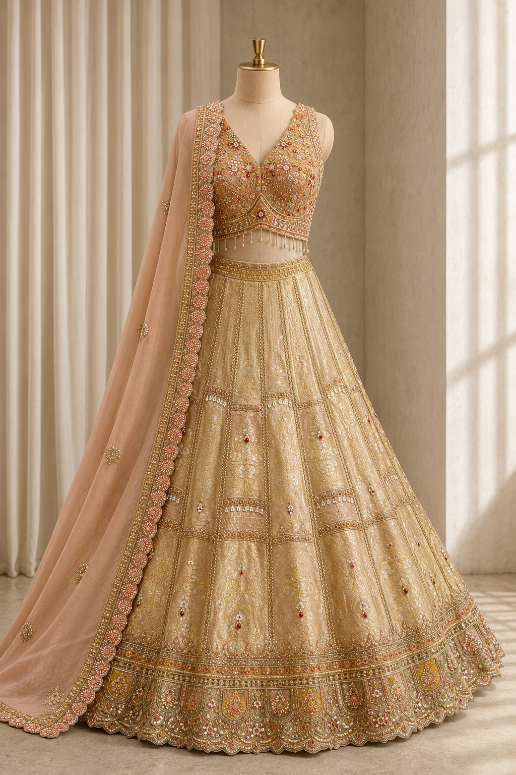 Divine Thread Work and Banarasi Silk Fabric Beige And Peach Color Lehenga Choli