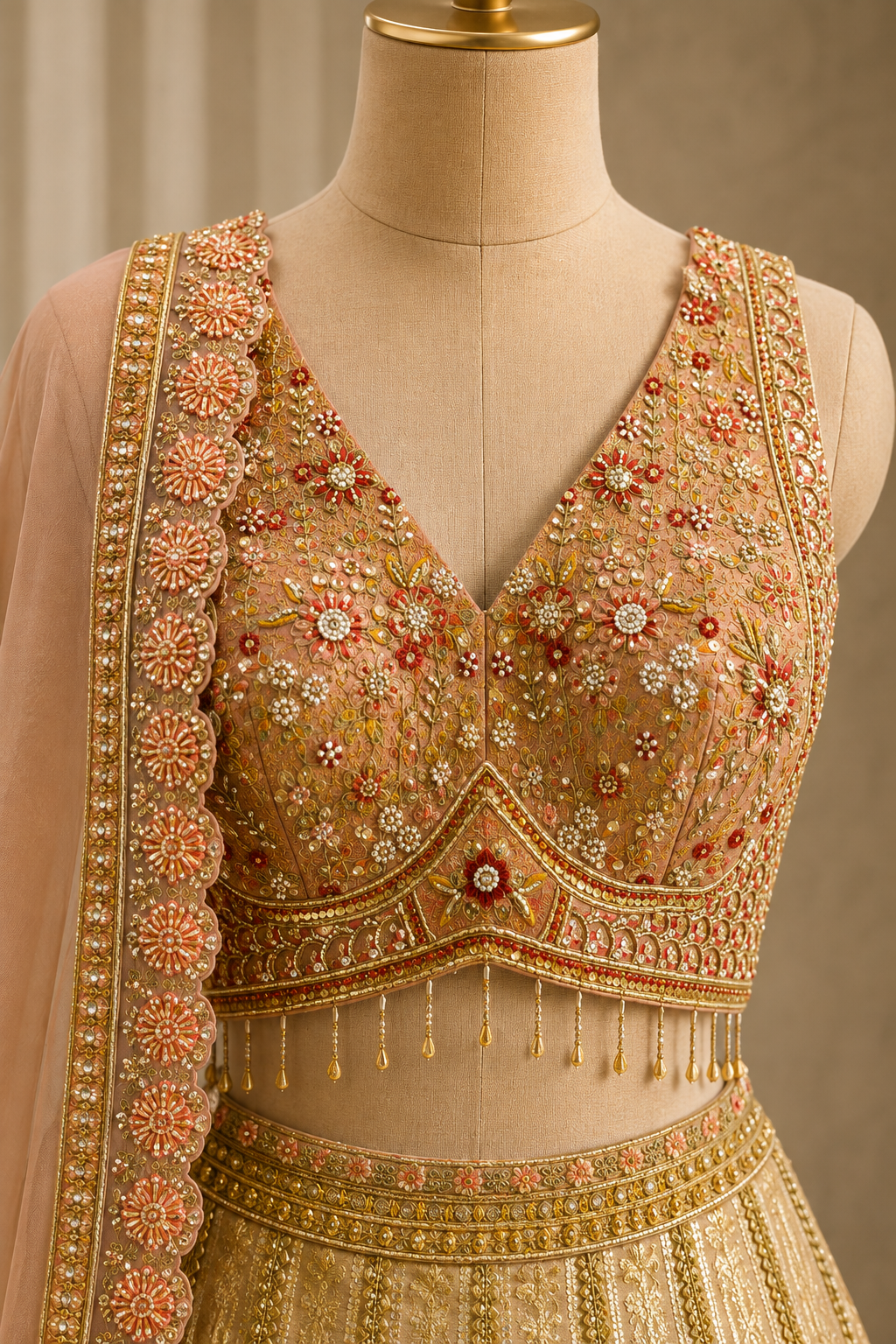 Divine Thread Work and Banarasi Silk Fabric Beige And Peach Color Lehenga Choli