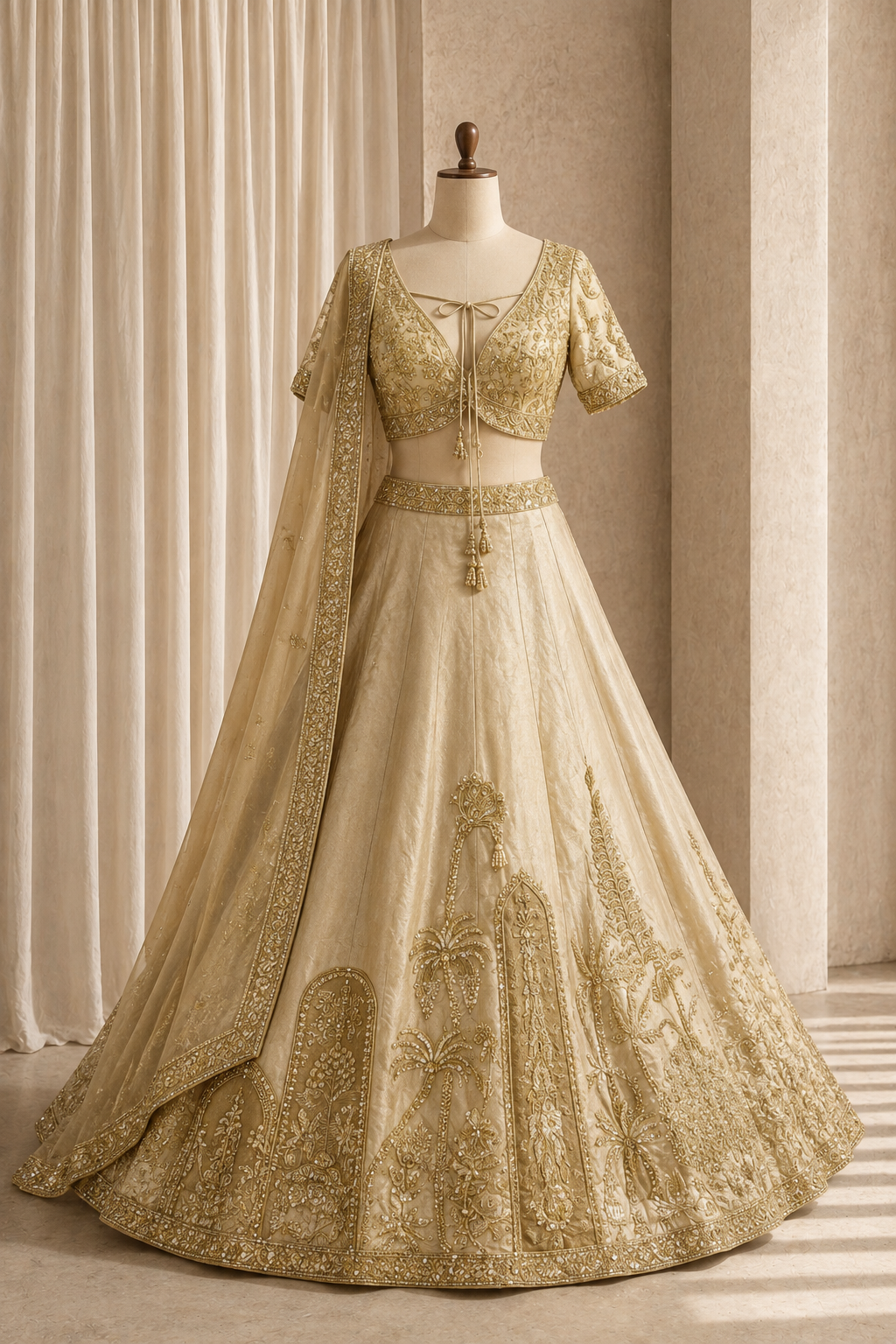 Radiant Moti Work and Raw Silk Fabric Beige Color Lehenga Choli