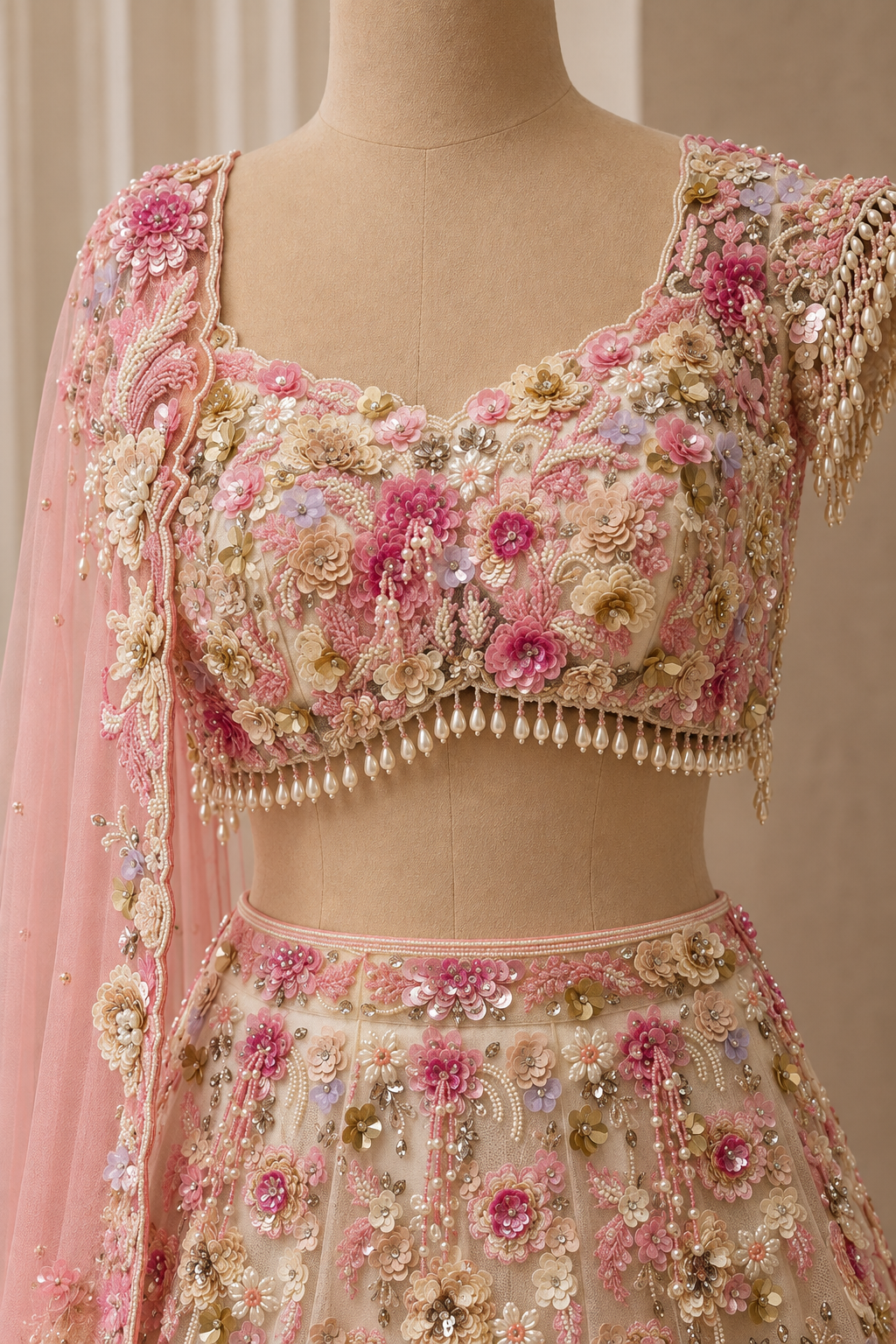 Attractive Sequins Work and Soft Net Fabric Pink Color Lehenga Choli