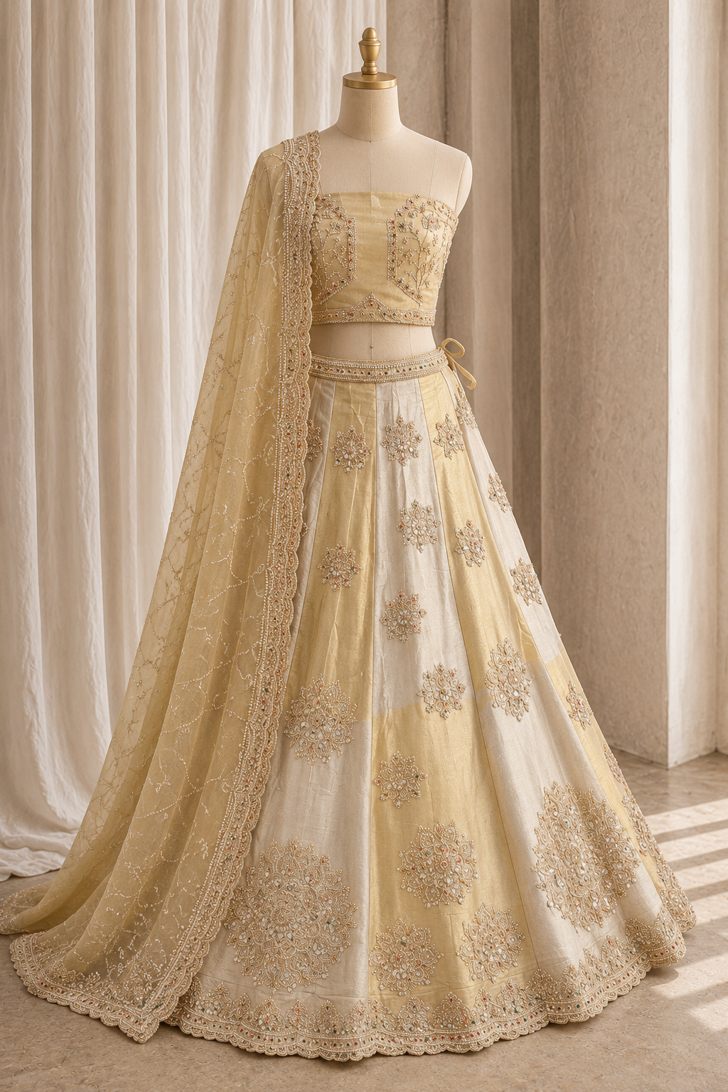 Gentle Cut Moti Work and Shimmer Silk Fabric Beige And Gold Color Lehenga Choli