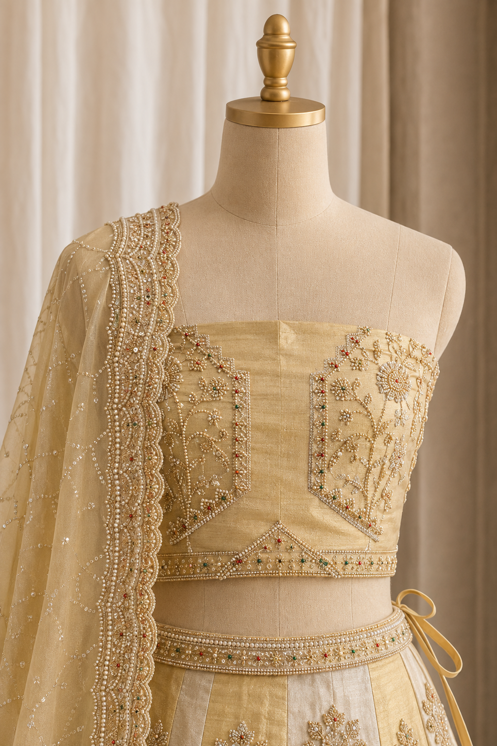 Gentle Cut Moti Work and Shimmer Silk Fabric Beige And Gold Color Lehenga Choli