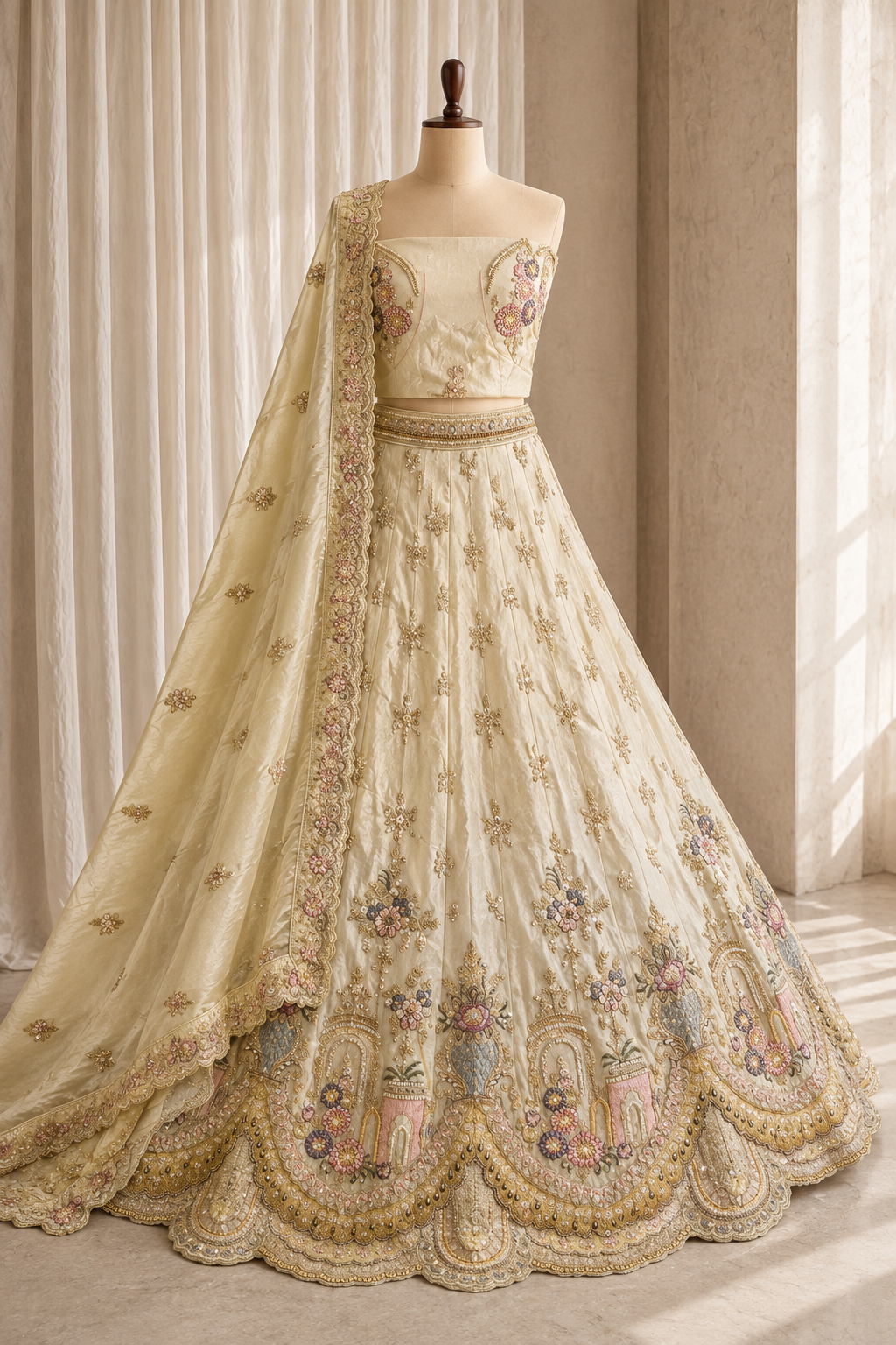 Magnificent Thread Work and Tissue Silk Fabric Beige Color Lehenga Choli