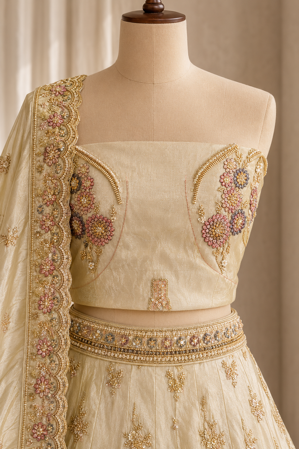 Magnificent Thread Work and Tissue Silk Fabric Beige Color Lehenga Choli