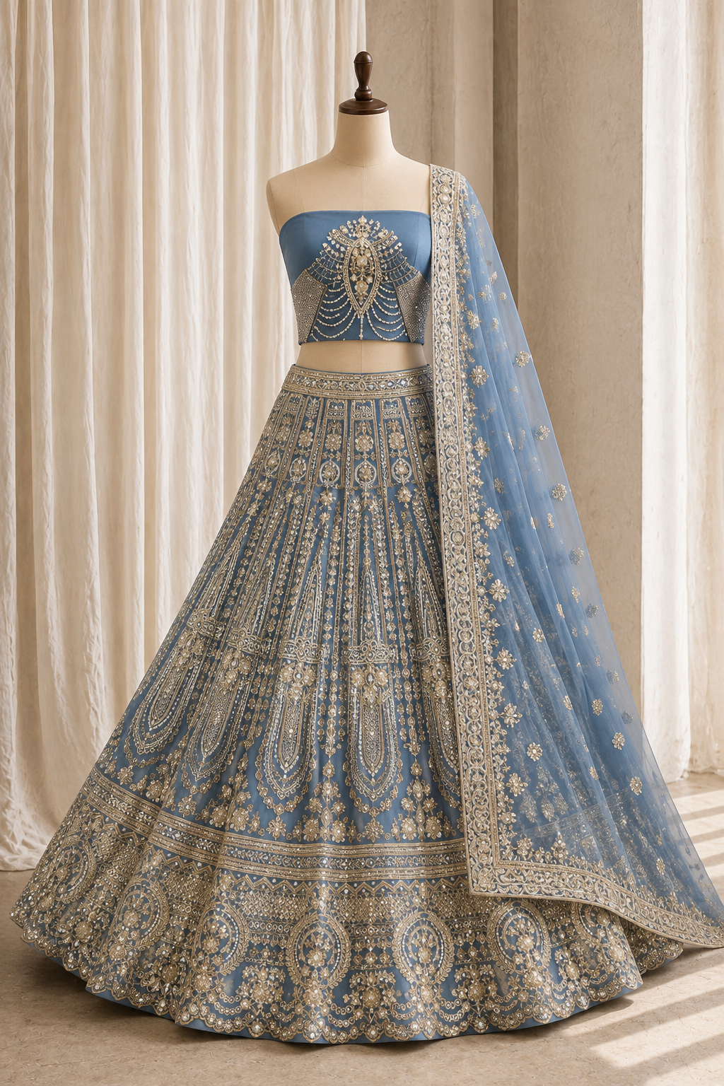 Fabulous Cutdana Work and Soft Net Fabric Grey Blue Color Lehenga Choli