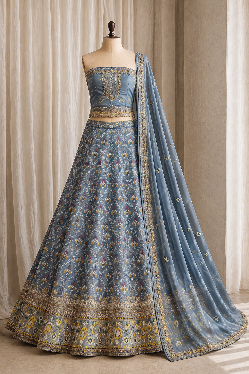 Captivating Patola Weaving Work and Banarasi Silk Fabric Sky Blue Color Lehenga Choli
