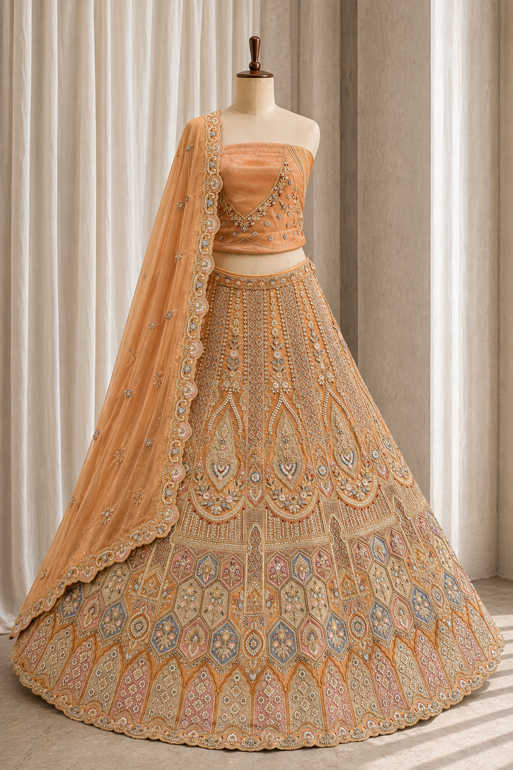 Elegance Tissue Fabric and Orange Color With Kasab Work Lehenga Choli