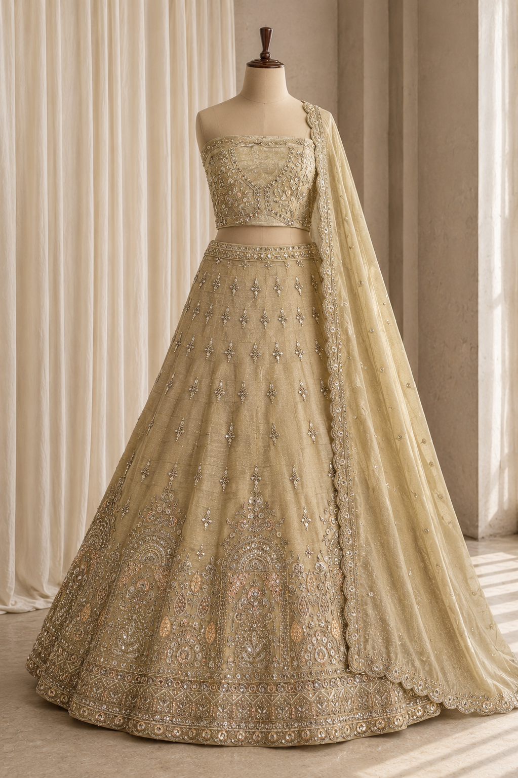 Brilliant Zari Work and Tissue Fabric Beige Color Lehenga Choli