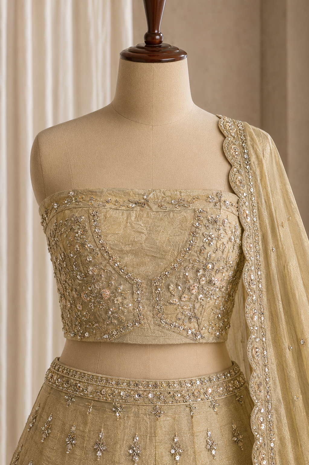 Brilliant Zari Work and Tissue Fabric Beige Color Lehenga Choli