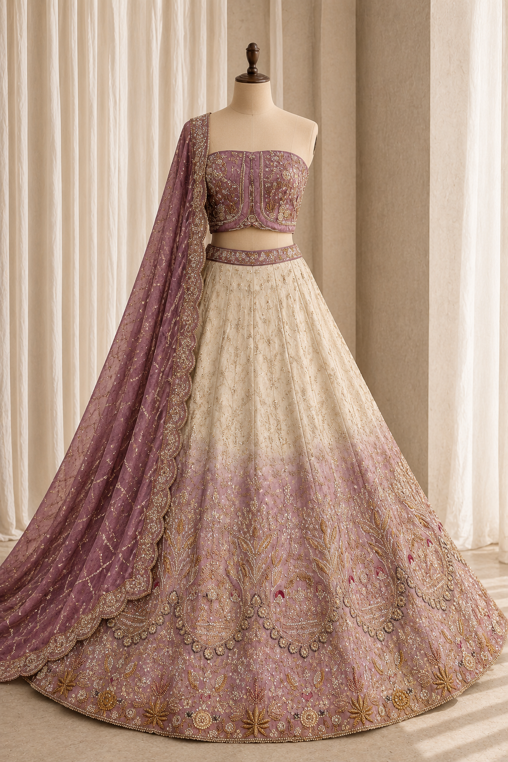 Radiance Cut Moti Work and Banarasi Silk Fabric Ivory And Purple Color Lehenga Choli