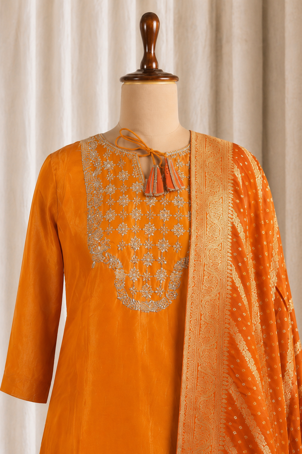 Divine Shimmer Fabric Zardozi Work With Rust Color