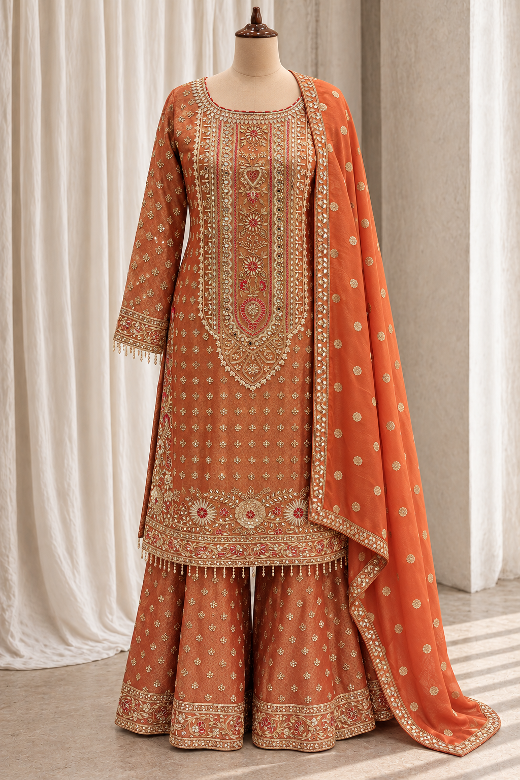 Premium Burnt-Orange Embroidered Palazzo Suit
