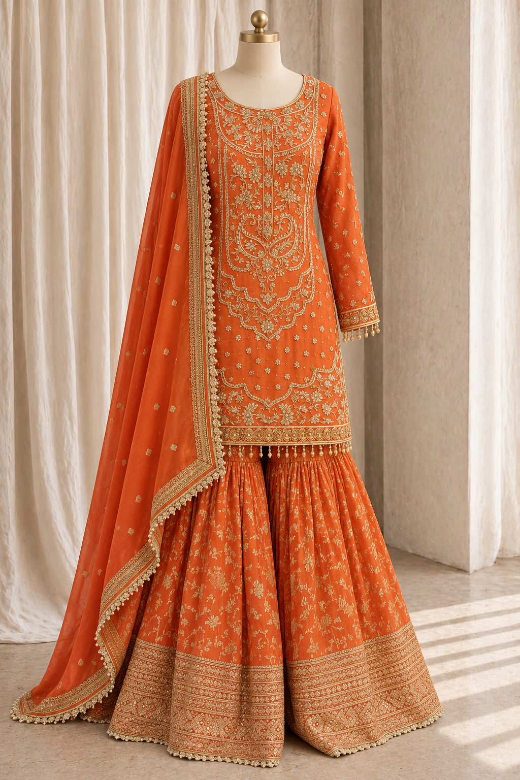 Elegant Orange embroidered Gharara ensemble Suits