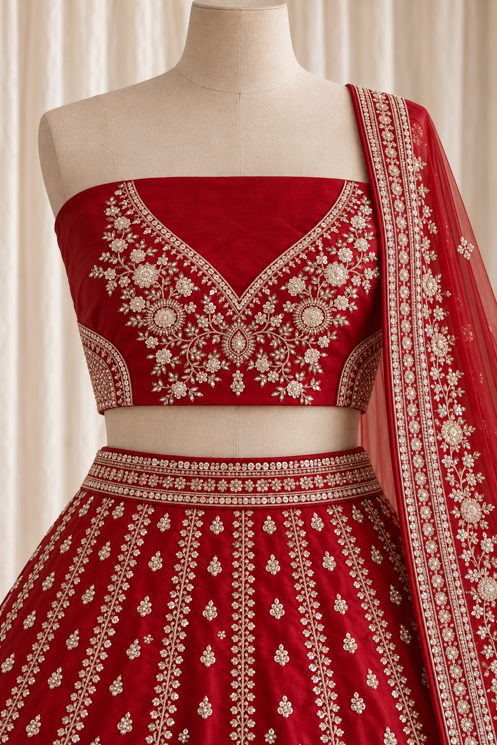 Crimson embroidered lehenga on mannequin