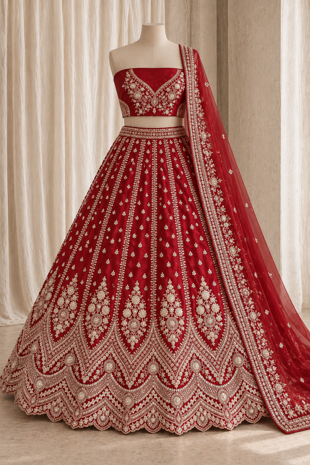 Crimson embroidered lehenga on mannequin