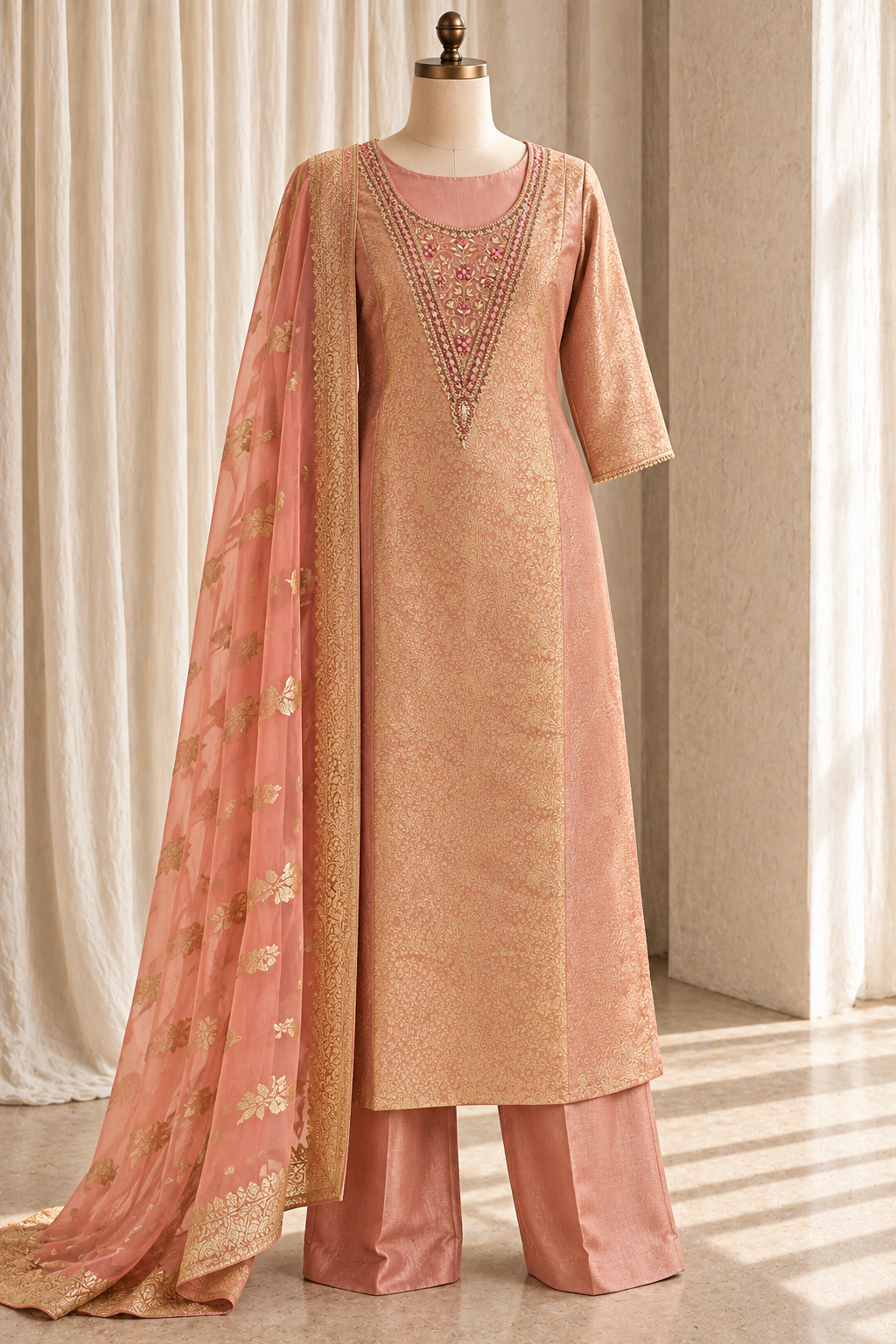 Elegance Banarasi Silk Fabric and Peach Color With Zardozi Work With Pant Suits
