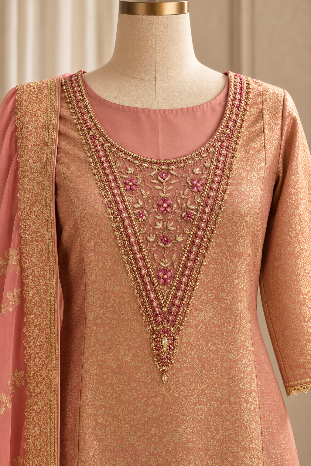 Elegance Banarasi Silk Fabric and Peach Color With Zardozi Work With Pant Suits