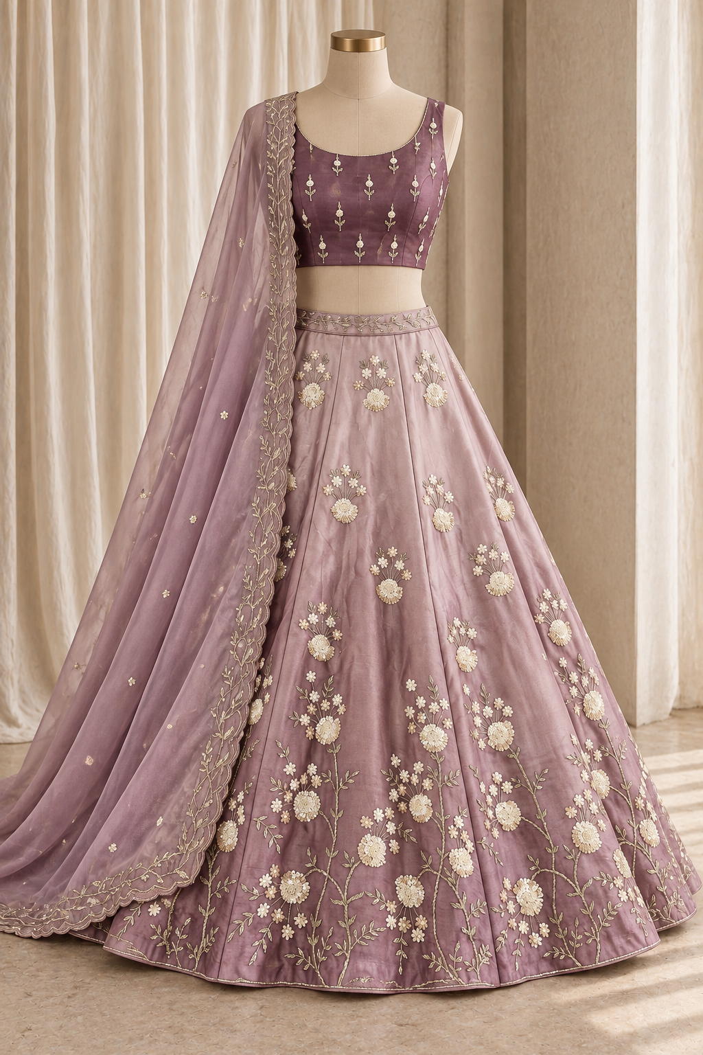 Sibilant Organza Silk Fabric and Lavender Color With Moti Work With Lehenga Choli