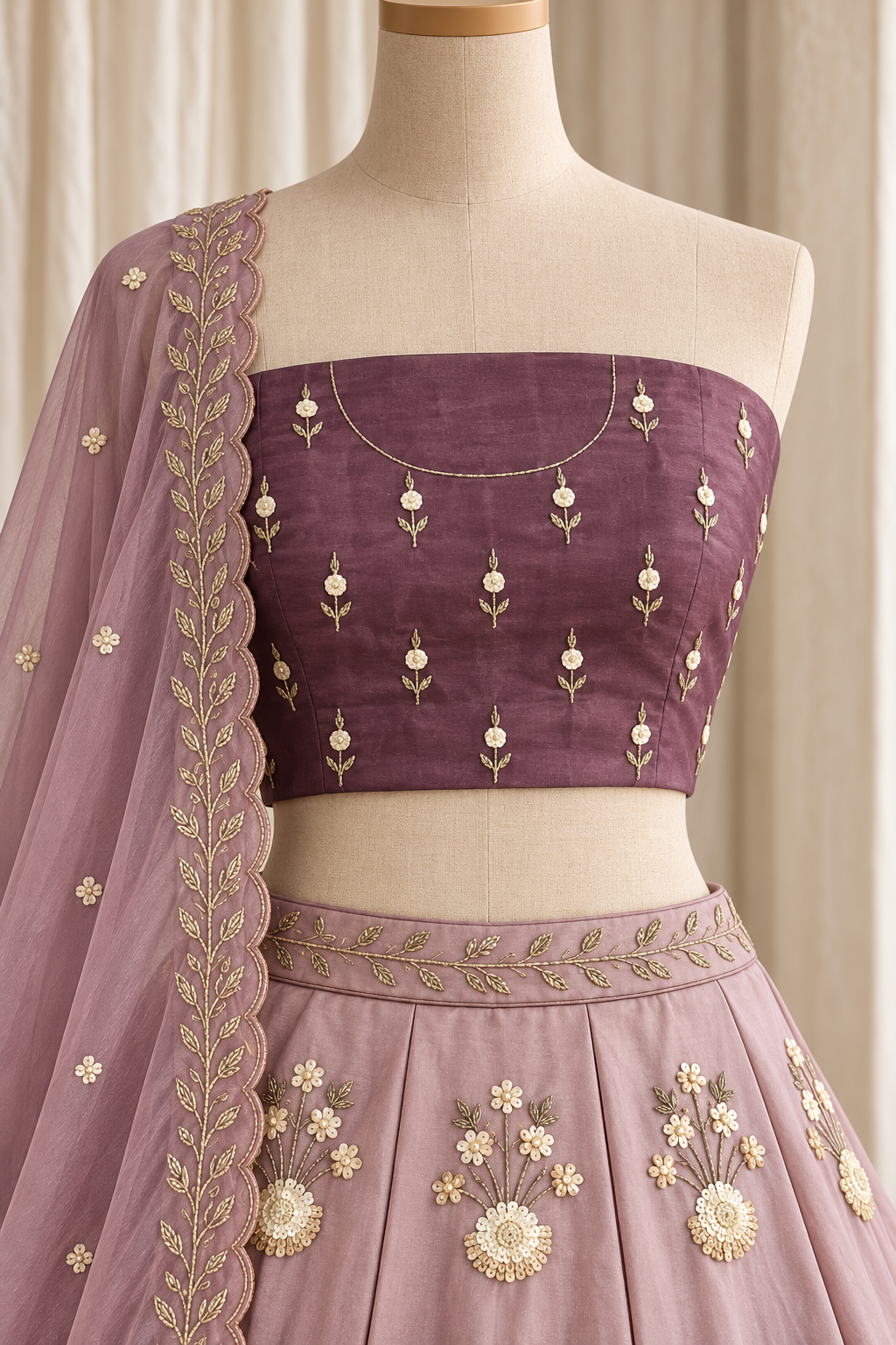 Sibilant Organza Silk Fabric and Lavender Color With Moti Work With Lehenga Choli