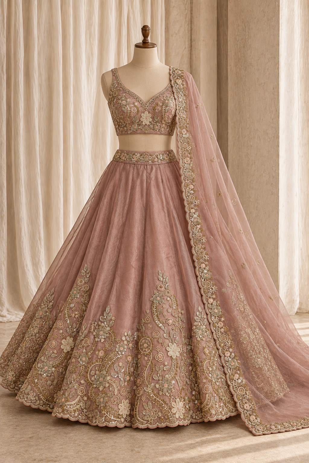Hullabaloo Organza Fabric and Rose Gold Color With Thread Work With Lehenga Choli