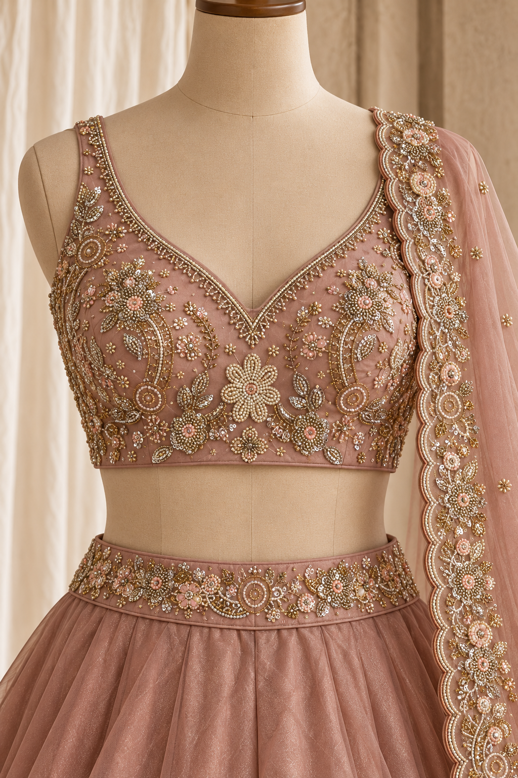 Hullabaloo Organza Fabric and Rose Gold Color With Thread Work With Lehenga Choli