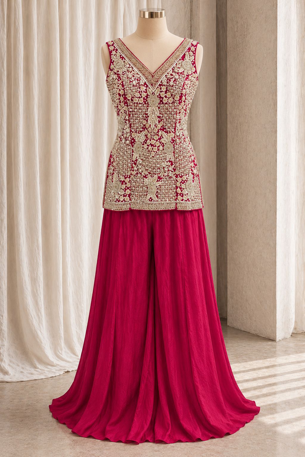 Special Chiffon Fabric and Cherry Red Color With Sequins Work With Palazzo Suits