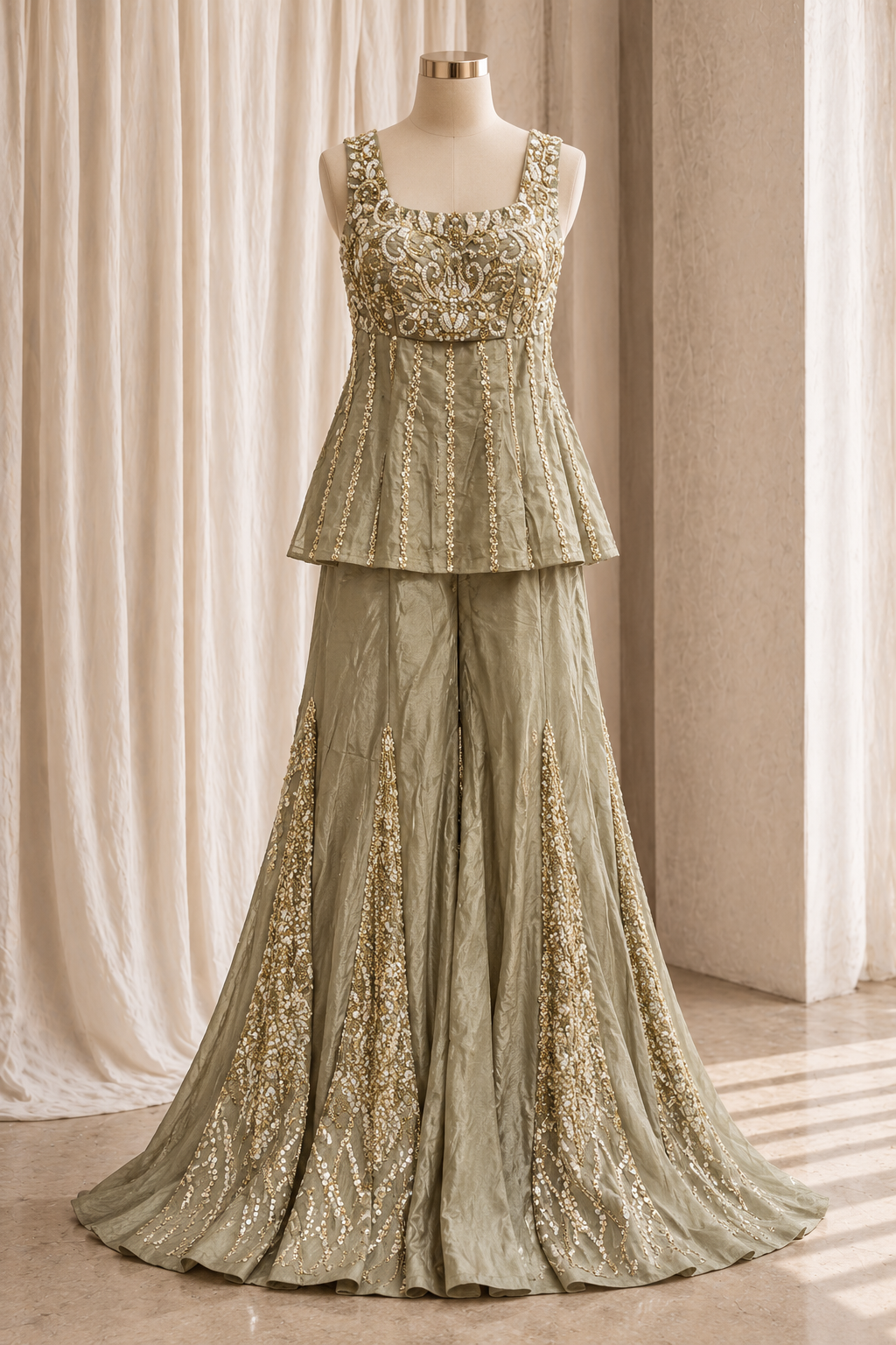 Gorgeousness Crepe Silk Fabric and Grey Color With Cutdana Work With Palazzo Suits
