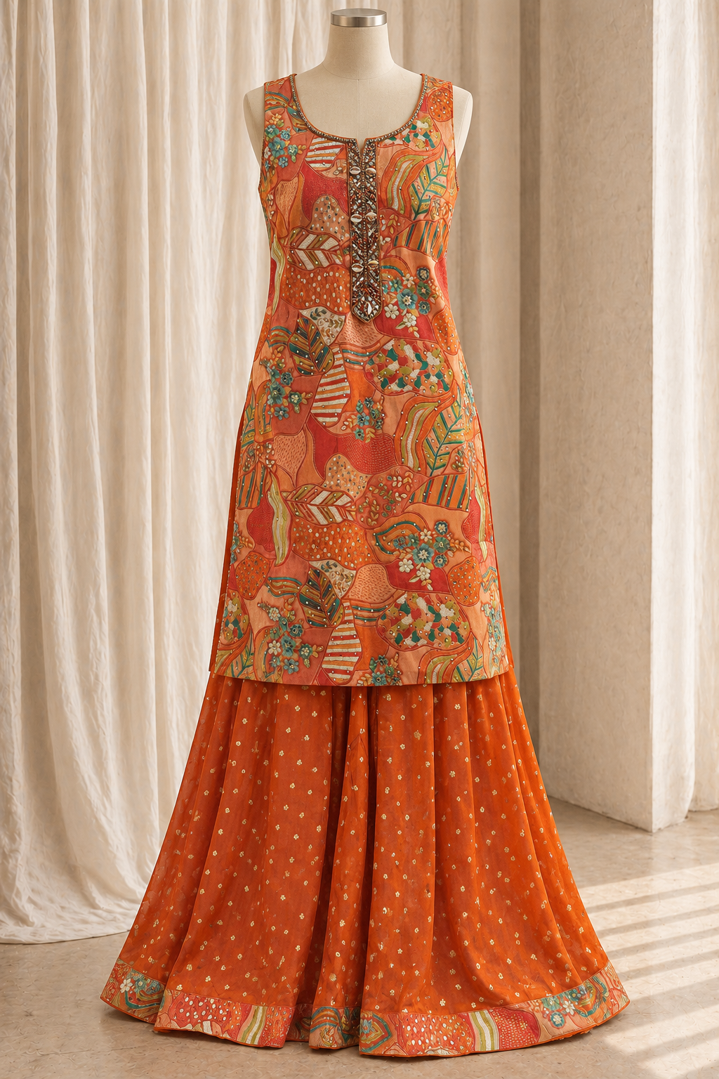 Lovely Banarasi Chiffon Silk Fabric and Orange Color With Mirror Work With Palazzo Suits