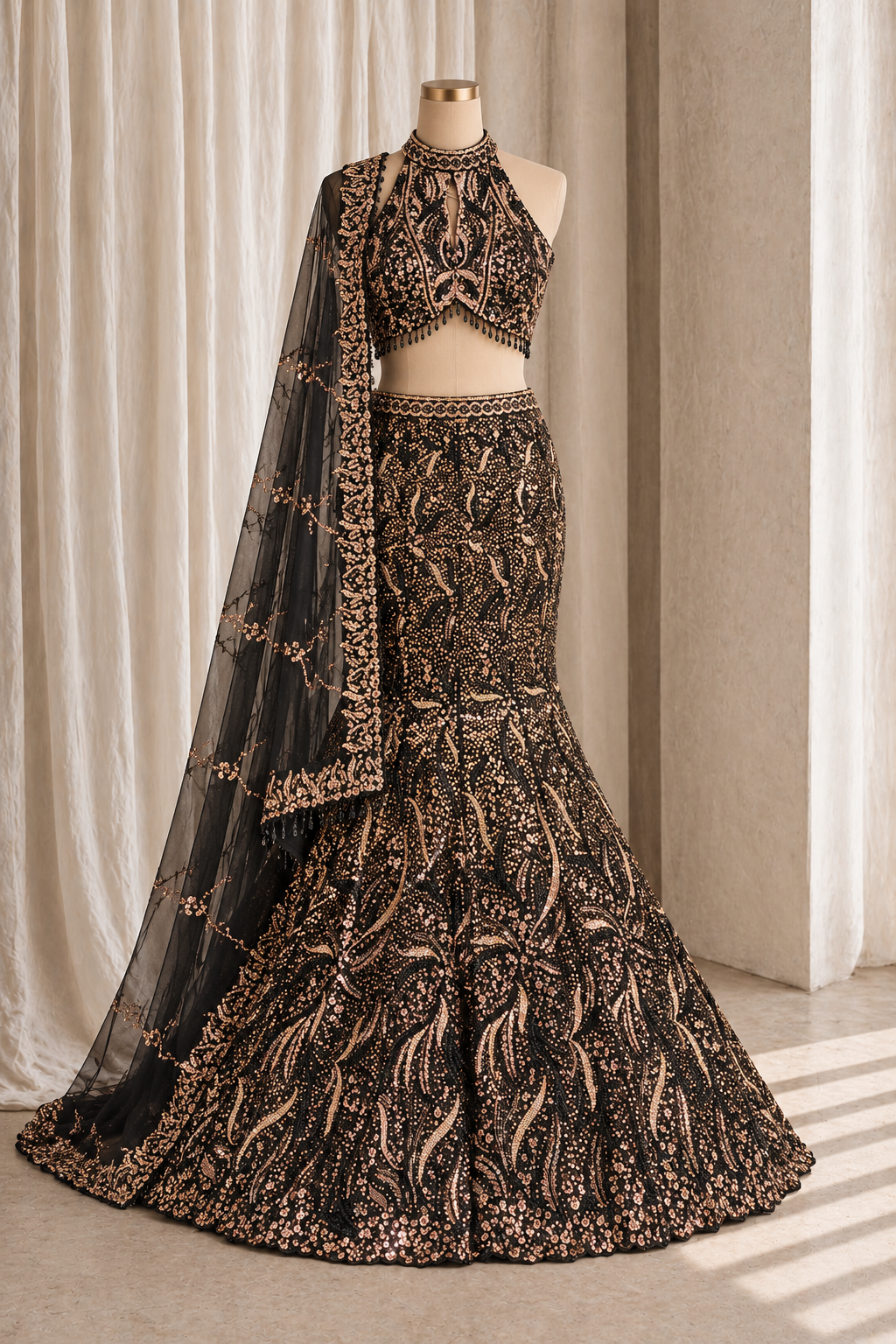 Elegant Soft Net Fabric and Browne Color With Cutdana Work With Fishcut Lehenga Choli
