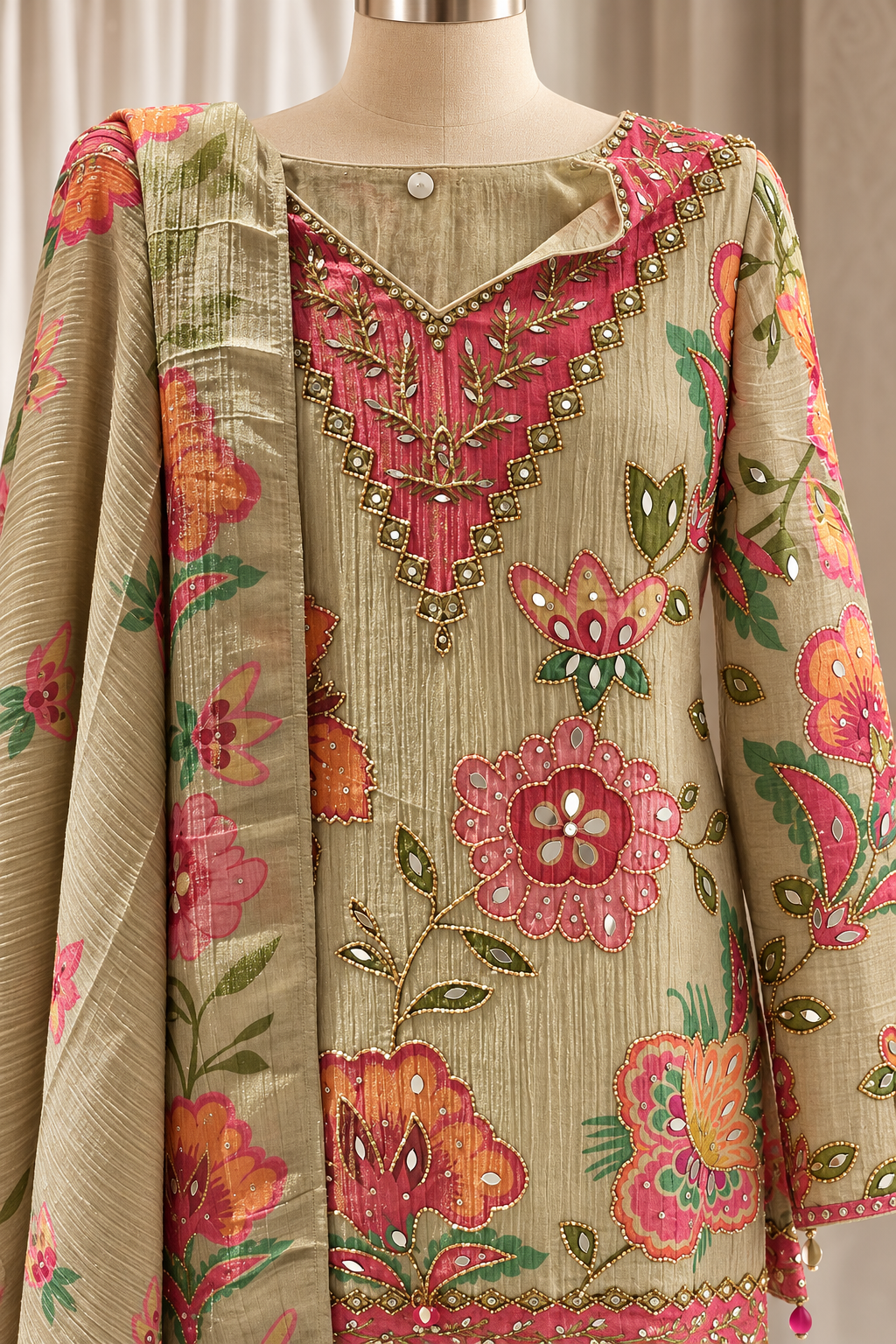 Captivating Tissue Silk Fabric and Dusty Green Color With Cutdana Work With Palazzo Suits