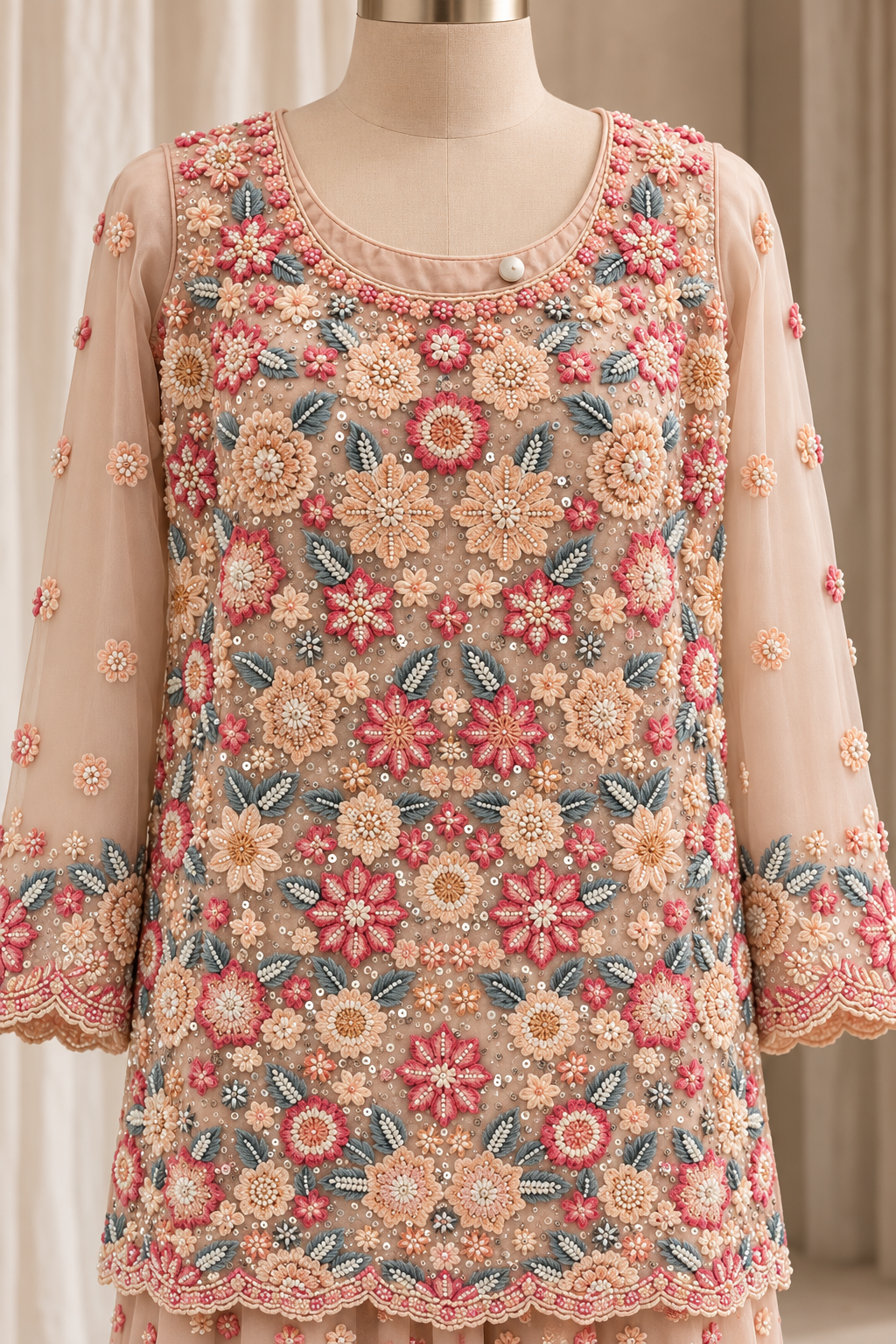 Good Soft Net Fabric and Peach Color With Resham Embroidery Work With Palazzo Suits