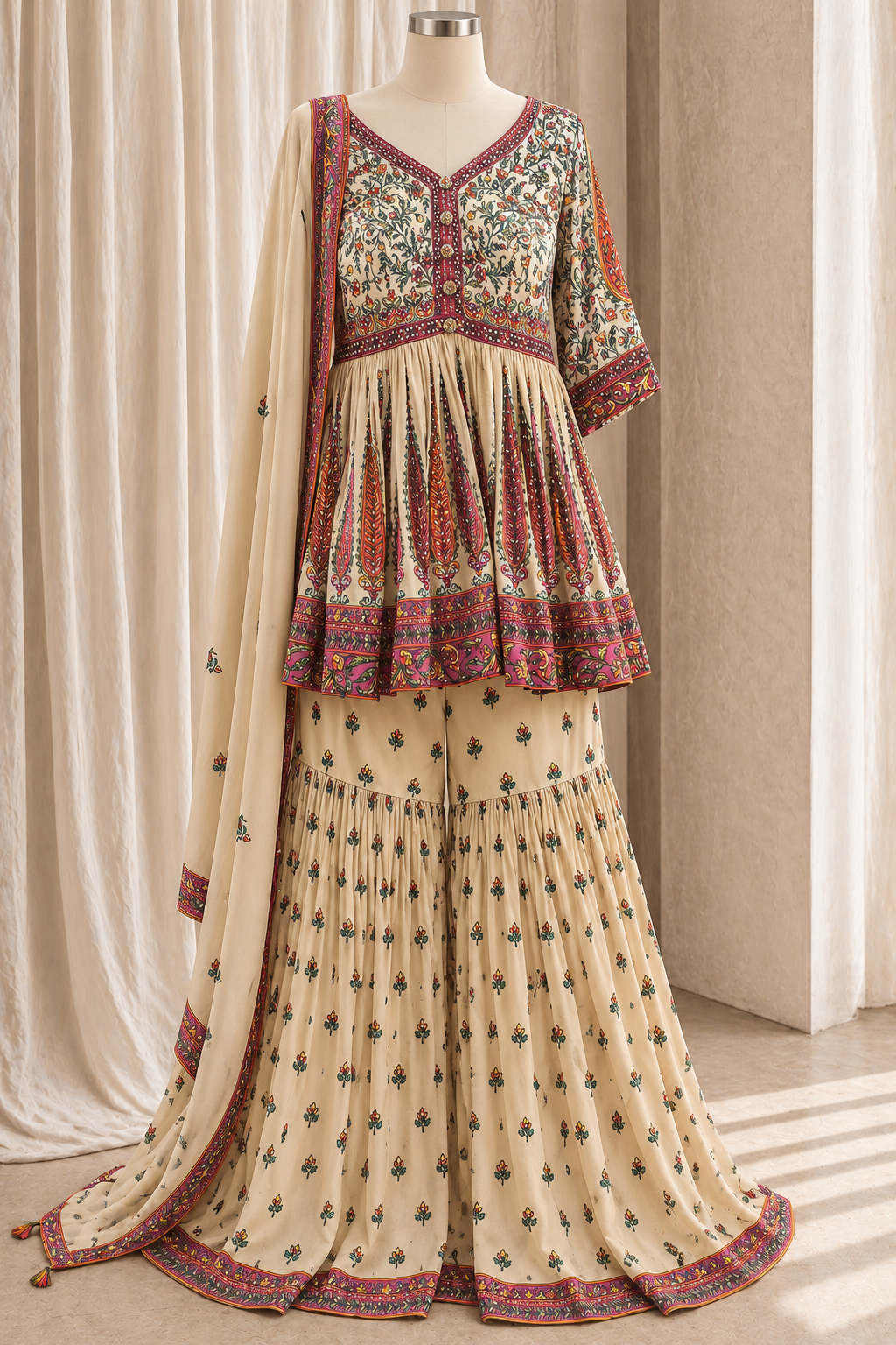 Classy Crepe Silk Fabric and Beige Color With Swarovski Diamond Work With Garara Suits