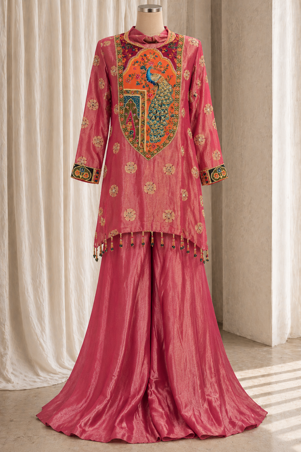 Hullabaloo Tissue Silk Fabric and Fuchsia Pink Color With Swarovski Work With Palazzo Suits