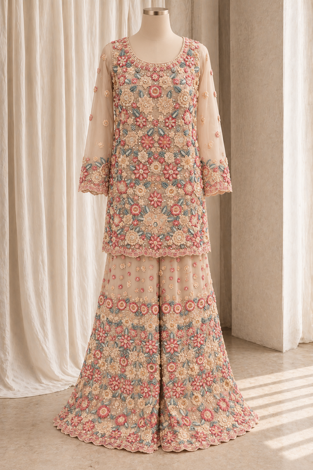 Good Soft Net Fabric and Peach Color With Resham Embroidery Work With Palazzo Suits