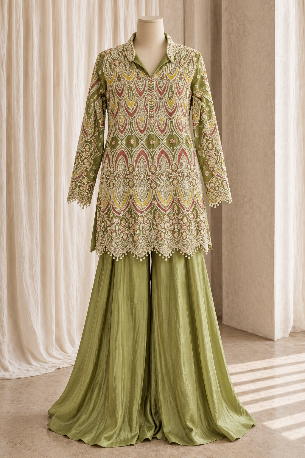 Cromulent Tissue Silk Fabric and Green Color With Thread Work With Palazzo Suits