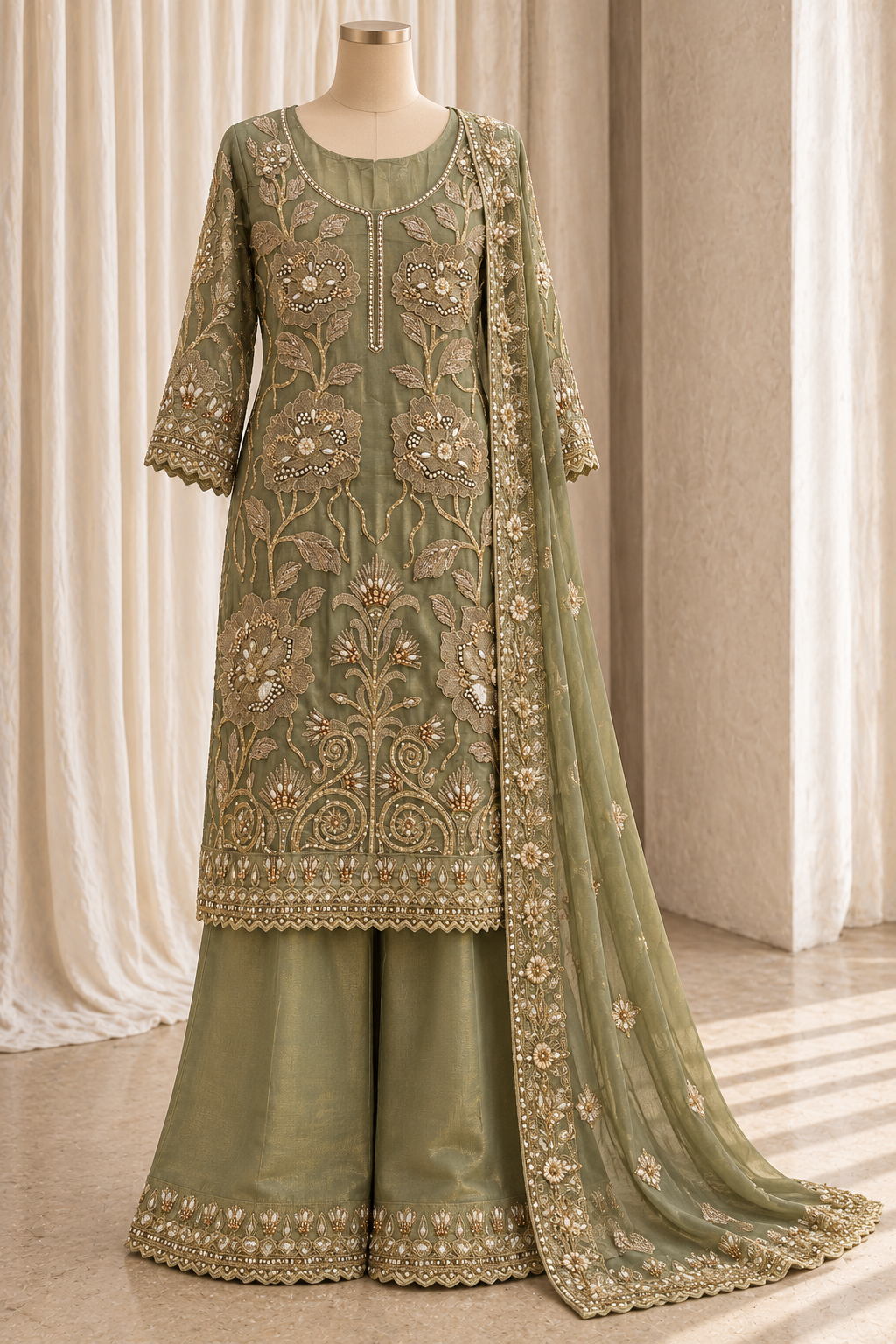Pretty Shimmer Fabric and Green Color With Marori Work With Bottom Suits