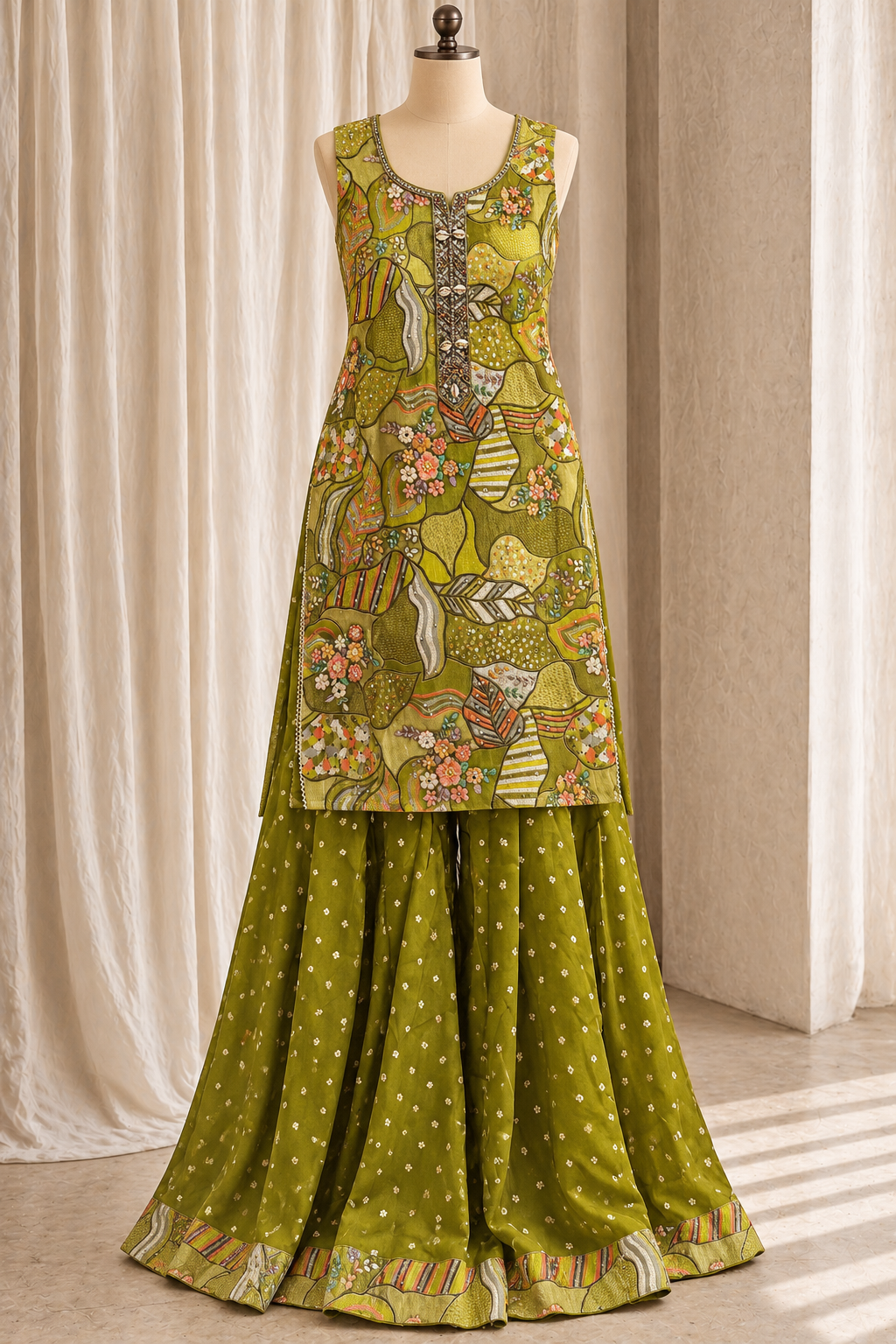 Gorgeous Banarasi Chiffon Silk Fabric and Green Color With Mirror Work With Palazzo Suits