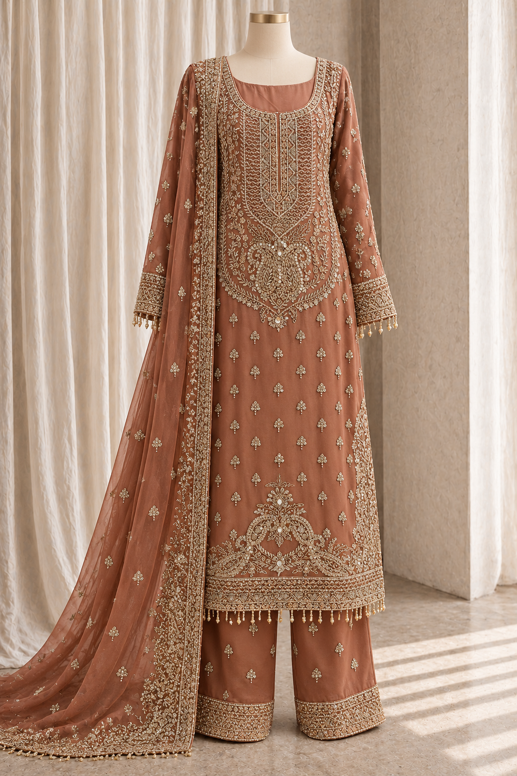 Gorgeousness Tissue Silk Fabric and Peach Color With Zardozi Work With Pant Suits