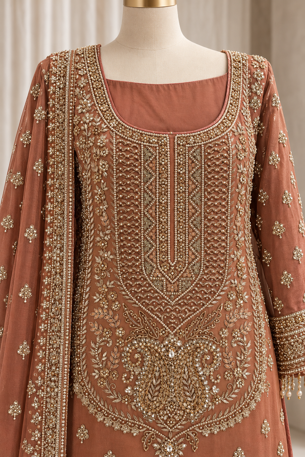Gorgeousness Tissue Silk Fabric and Peach Color With Zardozi Work With Pant Suits