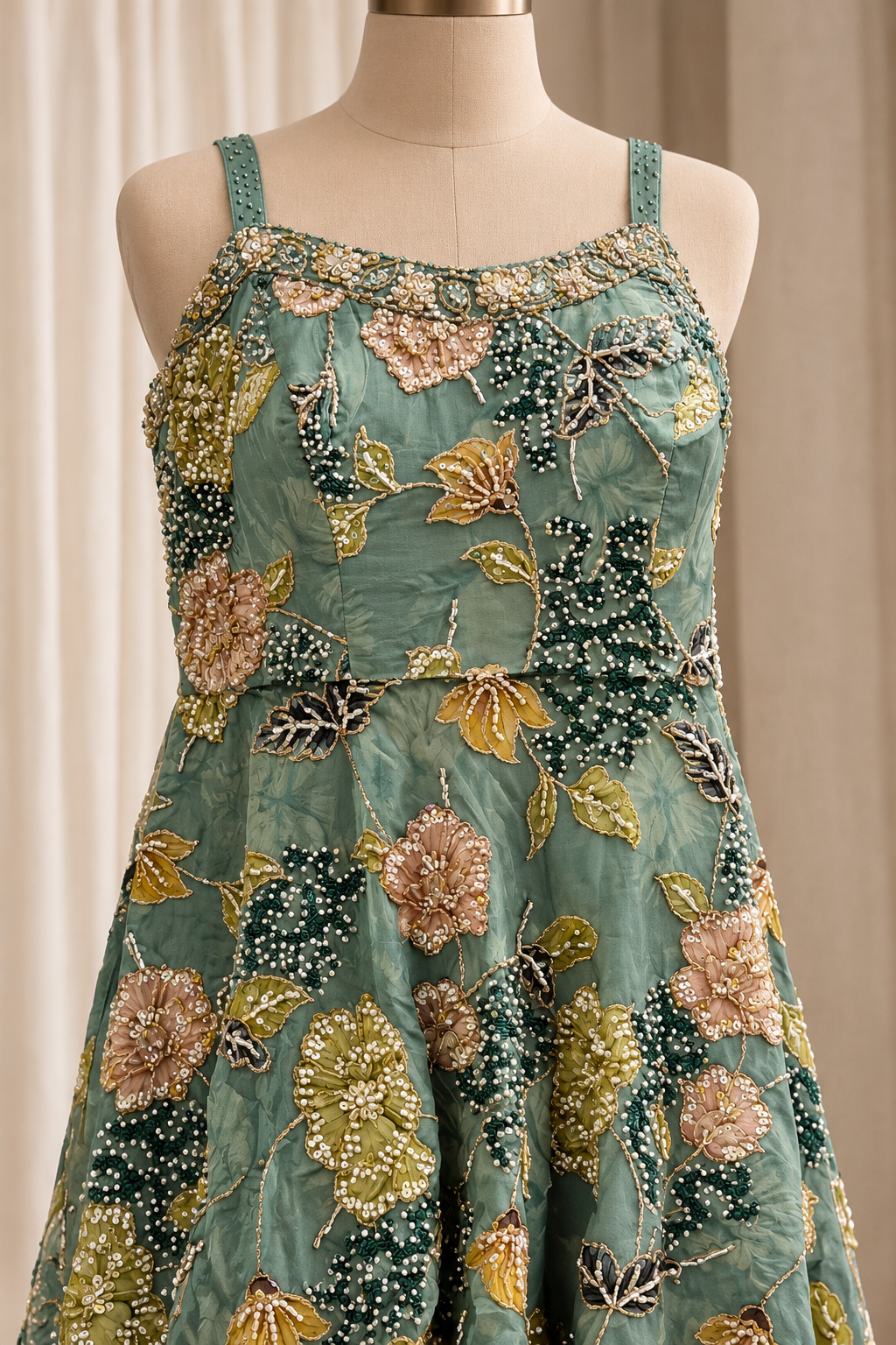 Radiance Crepe Silk Fabric and Green Color With Digital Print Work With Bell Bottom Suits