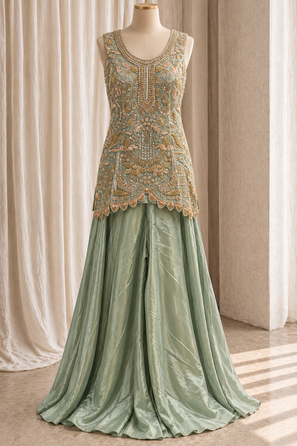 Sozzled Tissue Silk Fabric and Dusty Green Color With Kasab Work With Palazzo Suits