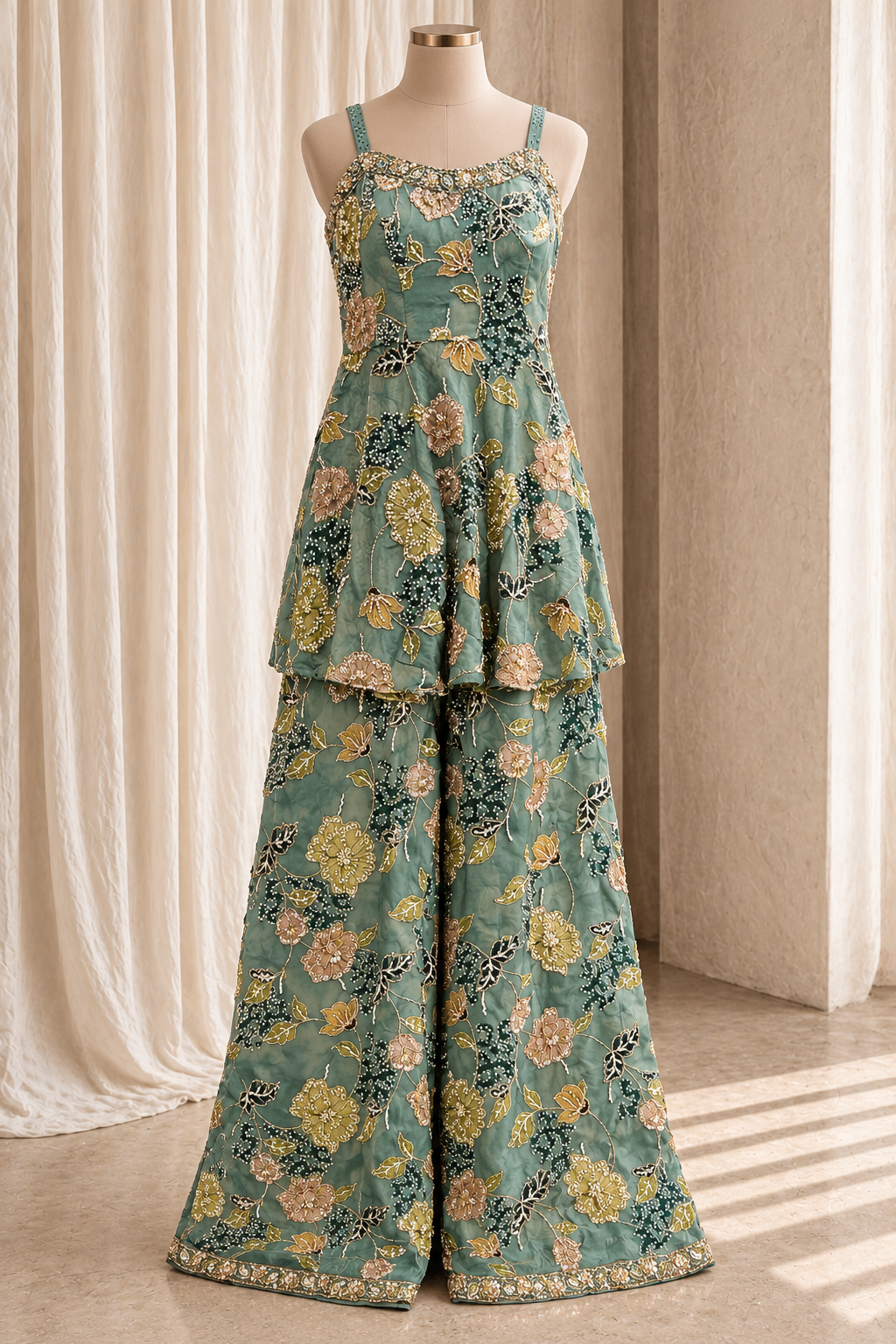 Radiance Crepe Silk Fabric and Green Color With Digital Print Work With Bell Bottom Suits