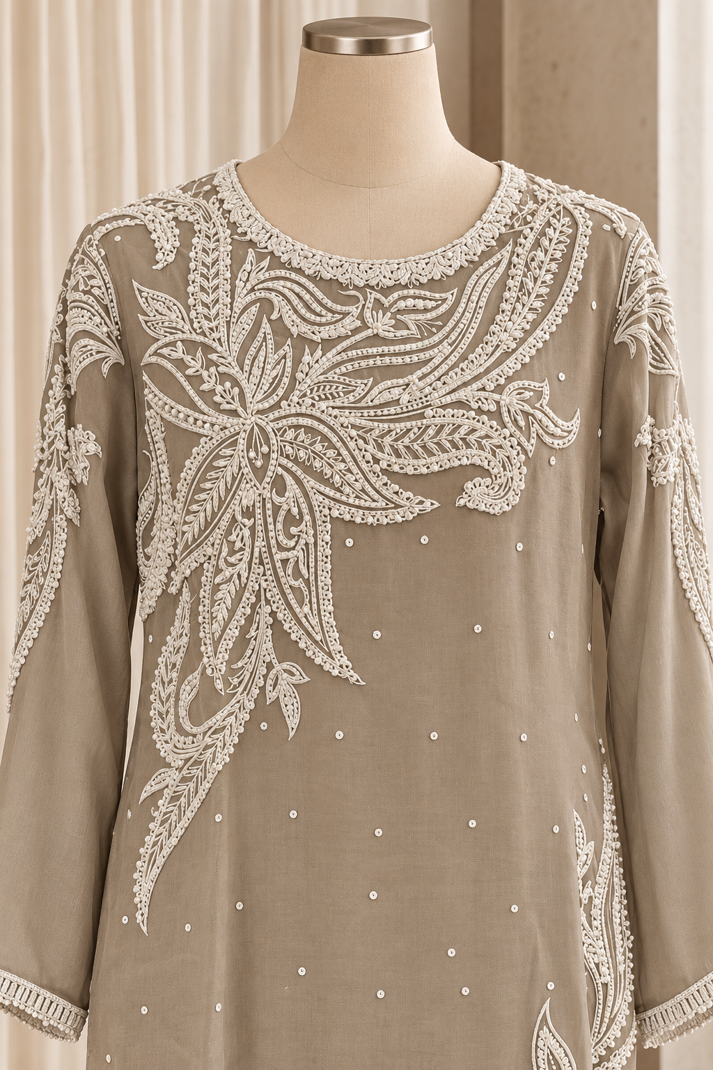 Elegant Georgette Fabric and Grey Color With Cutdana Embroidery Work With Pant Suits