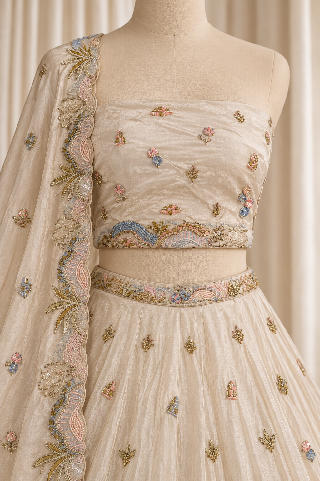 Sonorous Tissue Silk Fabric and Ivory Pink Color With Cutdana Work With Lehenga Choli