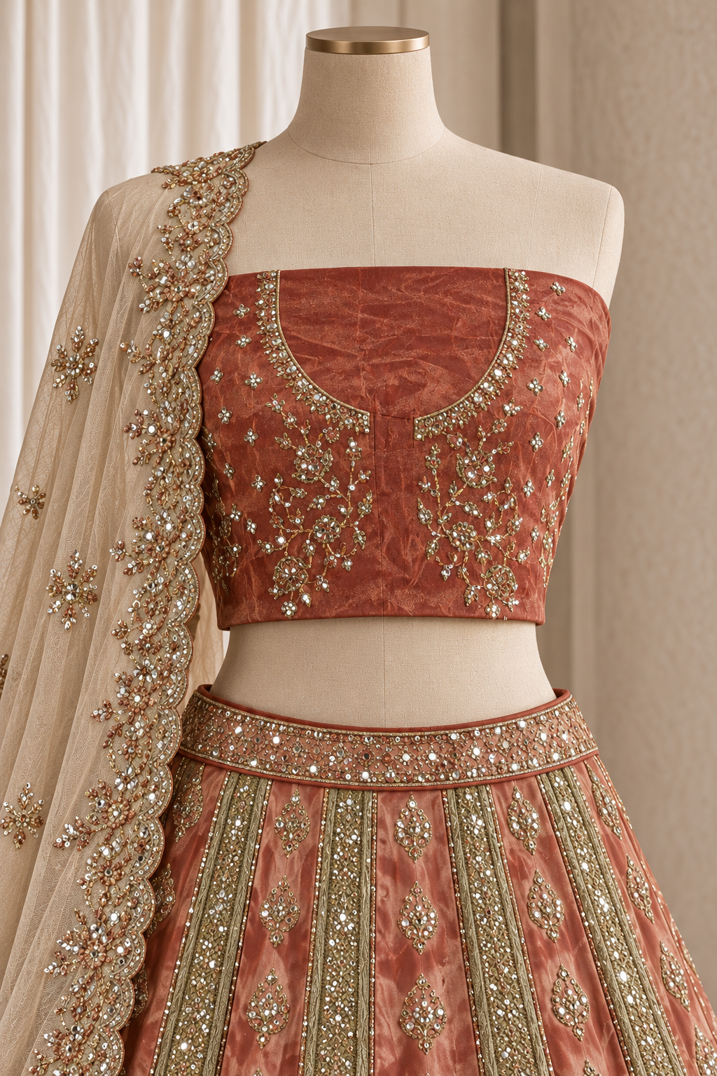 Embroidered rust silk lehenga set