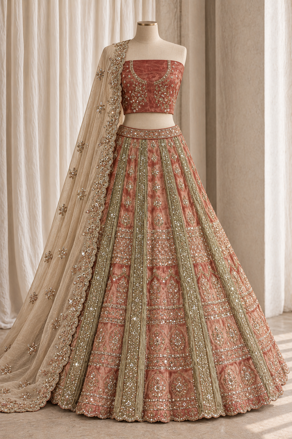 Embroidered rust silk lehenga set
