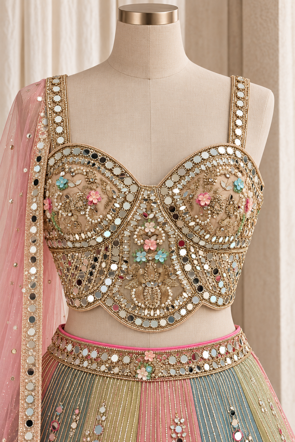 Confident Tissue Silk Fabric and Pestal Green Color With PDP Work With Lehenga Choli