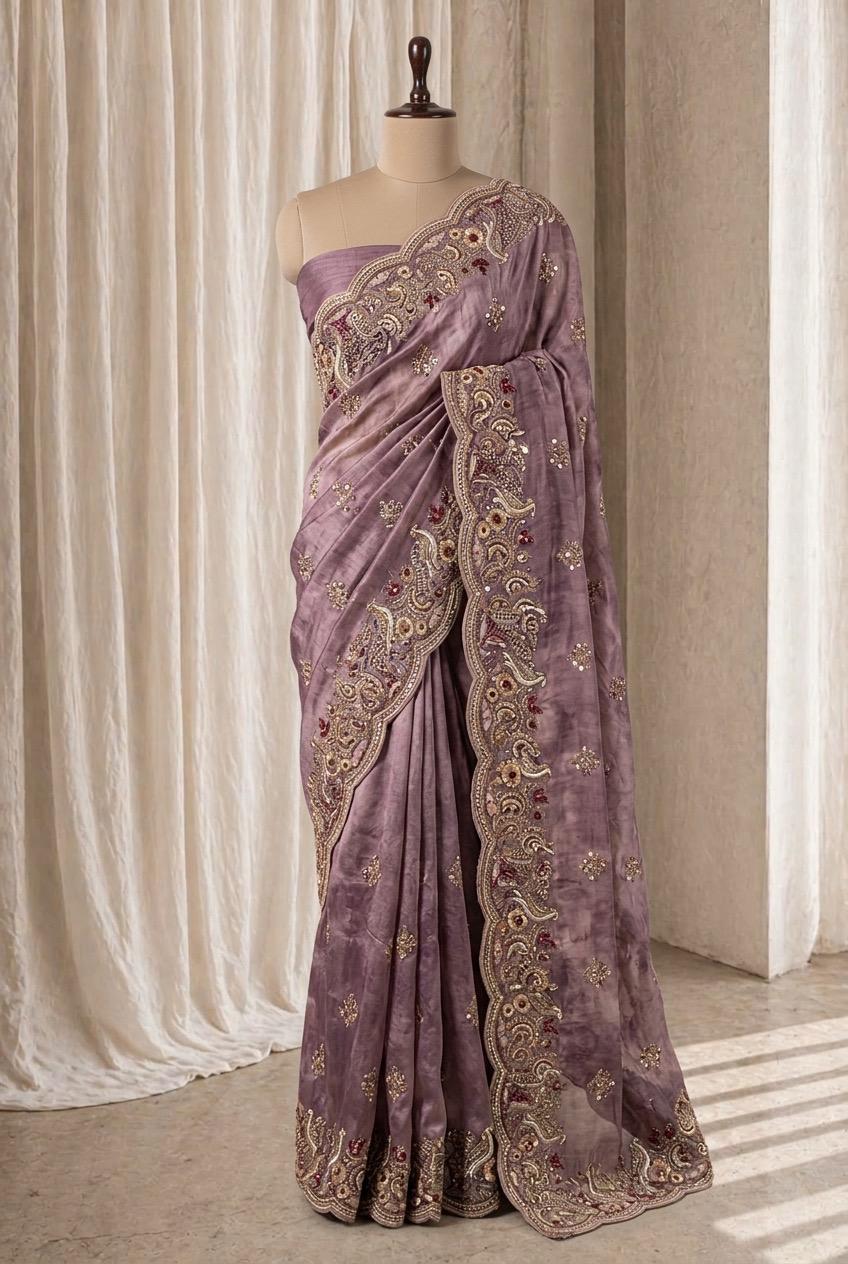 Handsome Banarasi Silk Fabric and Lavender Color Sequins Work Saree